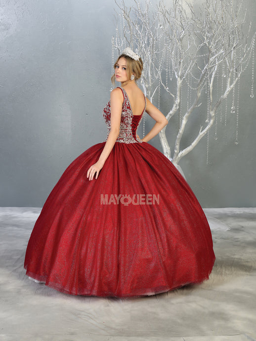 MQ LK143 - A Line Quinceanera Ball Gown with Bead Embellished V-Neck Bodice & Corset Back Quinceanera Gowns Mayqueen 10 Burgundy 