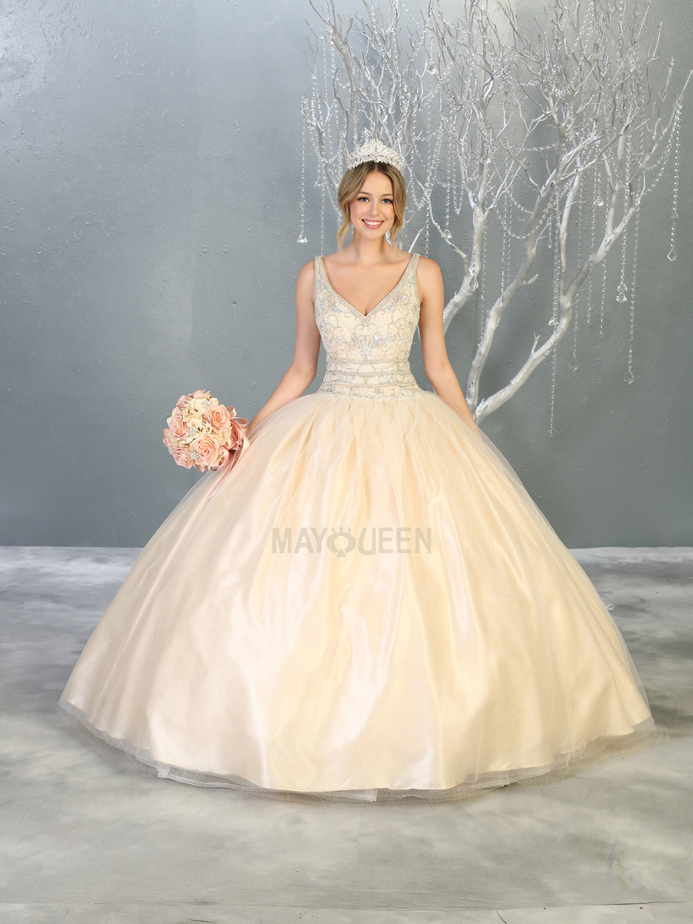 MQ LK143 - A Line Quinceanera Ball Gown with Bead Embellished V-Neck Bodice & Corset Back Quinceanera Gowns Mayqueen 4 Ivory Nude 