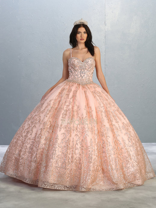 MQ LK145 - Glitter Print A-Line Quinceanera Ball Gown with Bead Embellished Straps & Corset Back Quinceanera Gowns Mayqueen 12 BLUSH 