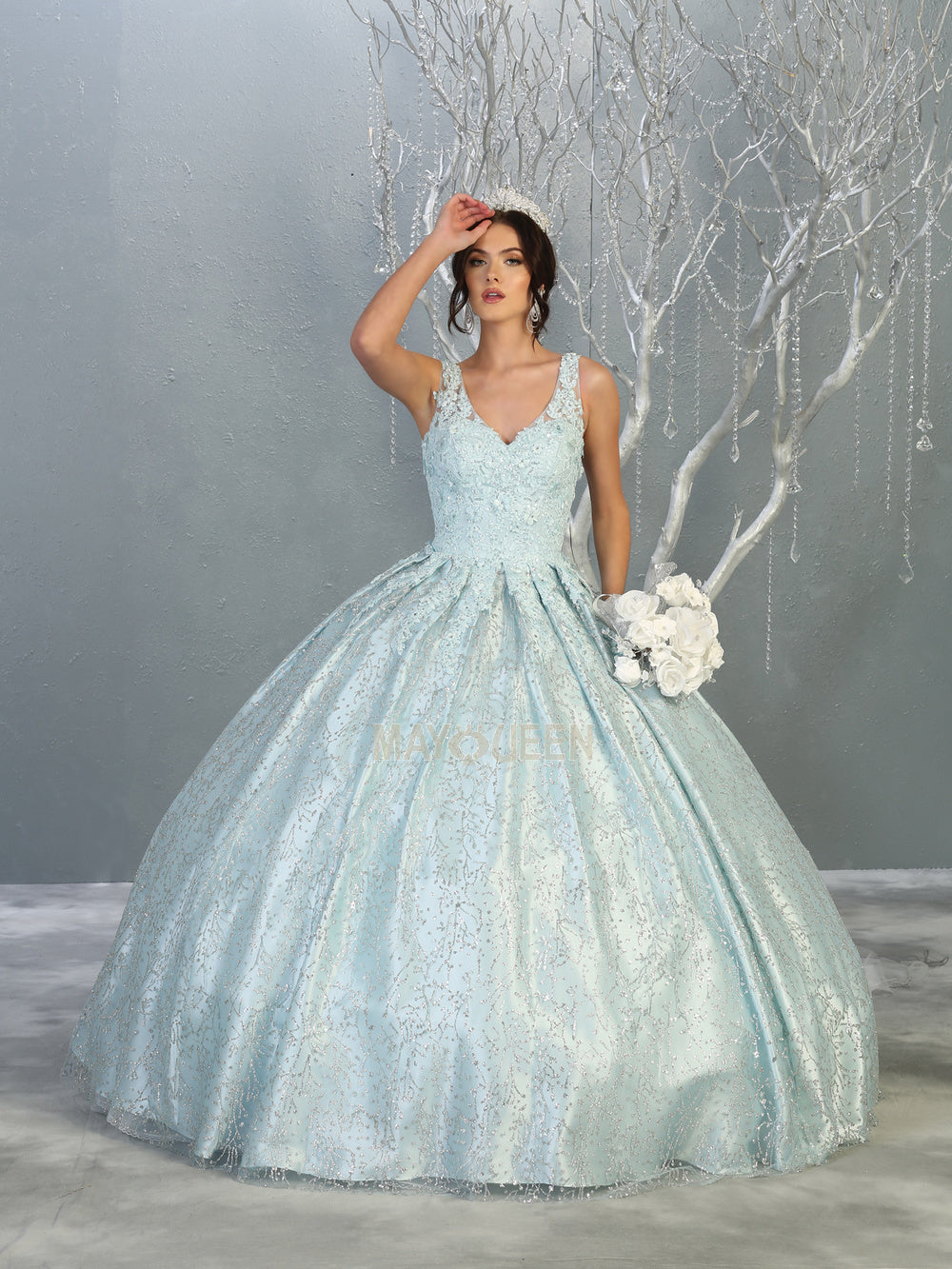 MQ LK149 - A Line Quinceanera Gown with Floral Applique Bodice & Glitter Print Skirt PROM GOWN Mayqueen 2 BABY BLUE 