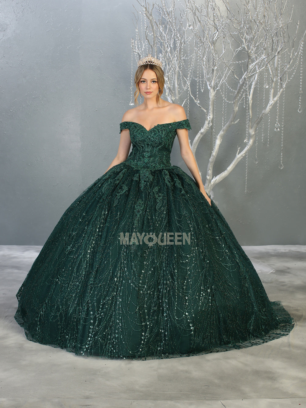 MQ LK153 - Glitter Print Off the Shoulder Quinceanera Ball Gown Embroidered Bodice & Corset Back Quinceanera Gowns Mayqueen 4 HUNTER GREEN 