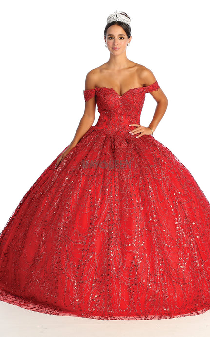 MQ LK153 - Glitter Print Off the Shoulder Quinceanera Ball Gown Embroidered Bodice & Corset Back Quinceanera Gowns Mayqueen 4 RED 