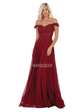 MQ 1602 B - Off the Shoulder A-Line Prom Gown with Sheer Lace Embellished Bodice Corset Back & Flowy Chiffon Skirt Prom Dress Mayqueen 16 BURGUNDY 
