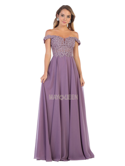 MQ 1602 - Off the Shoulder A-Line Prom Gown with Sheer Lace Embellished Bodice Corset Back & Flowy Chiffon Skirt Prom Dress Mayqueen 2 VICTORIAN LILAC 