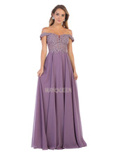 MQ 1602 B - Off the Shoulder A-Line Prom Gown with Sheer Lace Embellished Bodice Corset Back & Flowy Chiffon Skirt Prom Dress Mayqueen 16 VICTORIAN LILAC 