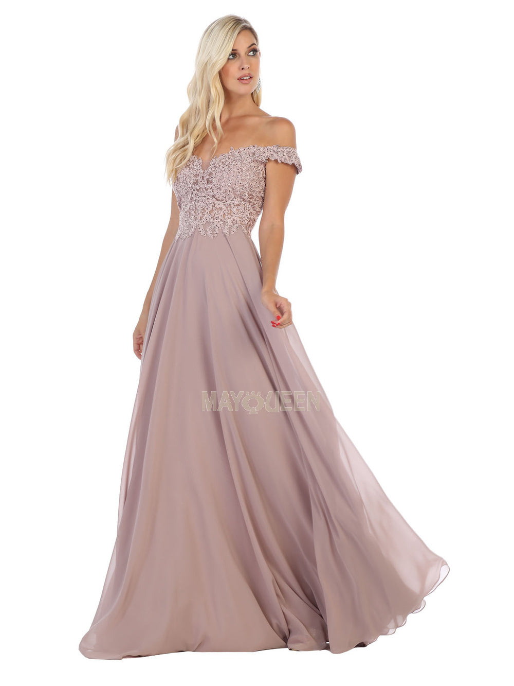 MQ 1602 - Off the Shoulder A-Line Prom Gown with Sheer Lace Embellished Bodice Corset Back & Flowy Chiffon Skirt Prom Dress Mayqueen 2 MAUVE 