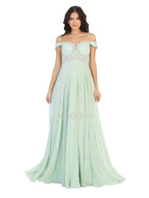 MQ 1602 B - Off the Shoulder A-Line Prom Gown with Sheer Lace Embellished Bodice Corset Back & Flowy Chiffon Skirt Prom Dress Mayqueen 16 SAGE 