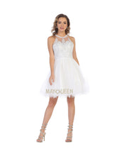 MQ 1643 - Short A-Line Homecoming Dress with Lace-Applique Bodice High-Neck & Layered Tulle Skirt Homecoming Mayqueen 2 WHITE 