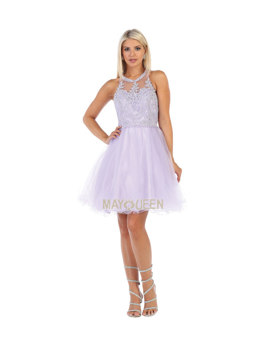 MQ 1643 - Short A-Line Homecoming Dress with Lace-Applique Bodice High-Neck & Layered Tulle Skirt Homecoming Mayqueen 20 LILAC 