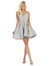 MQ 1645 - Satin A Line Homecoming Dress with Beaded Bodice Open Back & Pockets Homecoming Mayqueen 4 Silver 