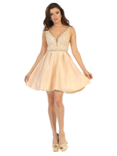 MQ 1645 - Satin A Line Homecoming Dress with Beaded Bodice Open Back & Pockets HOMECOMING Mayqueen 4 Champagne 