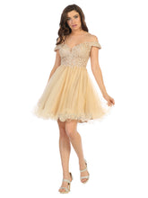 MQ 1663 - Off the Shoulder Homecoming Dress with Sheer Lace Applique V-Neck Bodice & Tulle Skirt Homecoming Mayqueen 2 CHAMPAGNE 