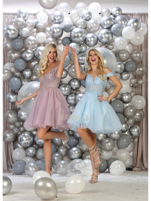 MQ 1663 - Off the Shoulder Homecoming Dress with Sheer Lace Applique V-Neck Bodice & Tulle Skirt Homecoming Mayqueen 2 BABY BLUE 