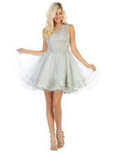 MQ 1681 - Short A-Line Homecoming Dress with Lace Embellished Illusion High Neck Bodice & Tulle Ruffle Skirt Homecoming Mayqueen 6 Silver 