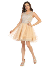 MQ 1681 - Short A-Line Homecoming Dress with Lace Embellished Illusion High Neck Bodice & Tulle Ruffle Skirt Homecoming Mayqueen 6 Champagne 