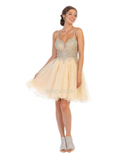 MQ 1693 - Bead & Lace Embellished Homecoming Dress with V-Neck & Layered Glitter Tulle Skirt Homecoming Mayqueen 2 Champagne 