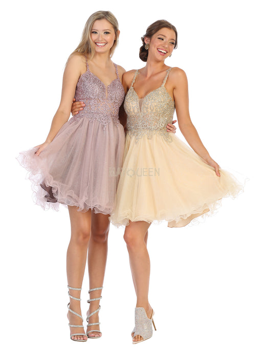MQ 1693 - Bead & Lace Embellished Homecoming Dress with V-Neck & Layered Glitter Tulle Skirt Homecoming Mayqueen 6 Mauve 