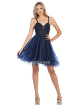MQ 1693 - Bead & Lace Embellished Homecoming Dress with V-Neck & Layered Glitter Tulle Skirt Homecoming Mayqueen 4 Navy 