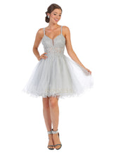 MQ 1693 - Bead & Lace Embellished Homecoming Dress with V-Neck & Layered Glitter Tulle Skirt Homecoming Mayqueen 8 Silver 