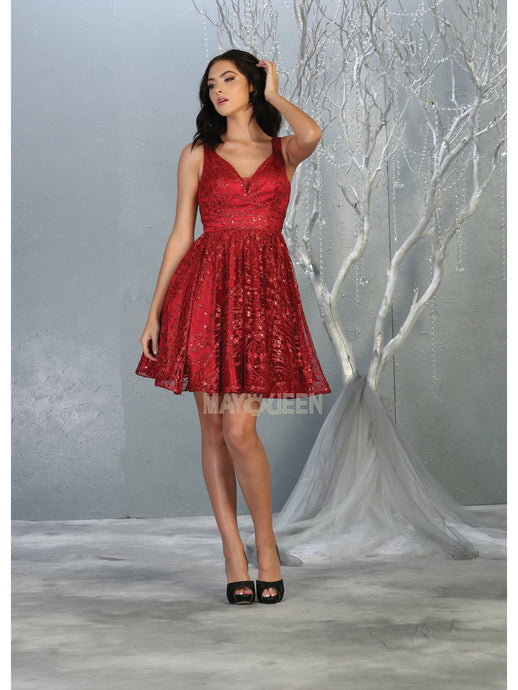 MQ 1702 - Glitter Print A-Line Homecoming Dress with V-Neck Homecoming Mayqueen 4 Burgundy 