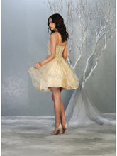 MQ 1753 - Short Glitter Print Homecoming Dress with Applique V-Neck Bodice Homecoming Mayqueen 4 CHAMPAGNE 