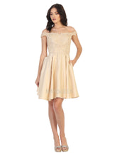 MQ 1766 - Satin Off the Shoulder Homecoming Dress with Lace Applique Bodice & Pockets Homecoming Mayqueen 2 CHAMPAGNE 