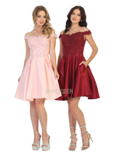 MQ 1766 - Satin Off the Shoulder Homecoming Dress with Lace Applique Bodice & Pockets Homecoming Mayqueen 2 BURGUNDY 