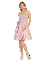 MQ 1766 - Satin Off the Shoulder Homecoming Dress with Lace Applique Bodice & Pockets Homecoming Mayqueen 2 MAUVE 