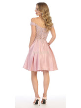 MQ 1766 - Satin Off the Shoulder Homecoming Dress with Lace Applique Bodice & Pockets Homecoming Mayqueen   