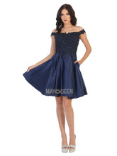 MQ 1766 - Satin Off the Shoulder Homecoming Dress with Lace Applique Bodice & Pockets Homecoming Mayqueen 10 NAVY 