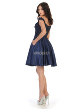 MQ 1766 - Satin Off the Shoulder Homecoming Dress with Lace Applique Bodice & Pockets Homecoming Mayqueen   