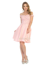 MQ 1766 - Satin Off the Shoulder Homecoming Dress with Lace Applique Bodice & Pockets Homecoming Mayqueen 2 BLUSH 