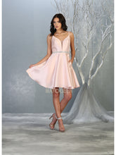 MQ 1775 - Iridescent V-Neck Homecoming Dress with Sheer V-Sides Strappy V-Back Side Pockets & Rhinestone Belt Homecoming Mayqueen 2 Blush 