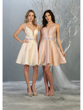 MQ 1775 - Iridescent V-Neck Homecoming Dress with Sheer V-Sides Strappy V-Back Side Pockets & Rhinestone Belt Homecoming Mayqueen   