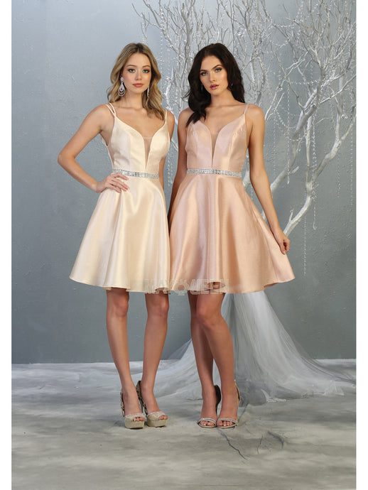 MQ 1775 - Iridescent V-Neck Homecoming Dress with Sheer V-Sides Strappy V-Back Side Pockets & Rhinestone Belt Homecoming Mayqueen 2 Champagne 