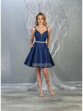 MQ 1775 - Iridescent V-Neck Homecoming Dress with Sheer V-Sides Strappy V-Back Side Pockets & Rhinestone Belt Homecoming Mayqueen 2 Navy 
