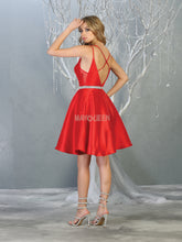 MQ 1775 - Iridescent V-Neck Homecoming Dress with Sheer V-Sides Strappy V-Back Side Pockets & Rhinestone Belt Homecoming Mayqueen 2 Red 