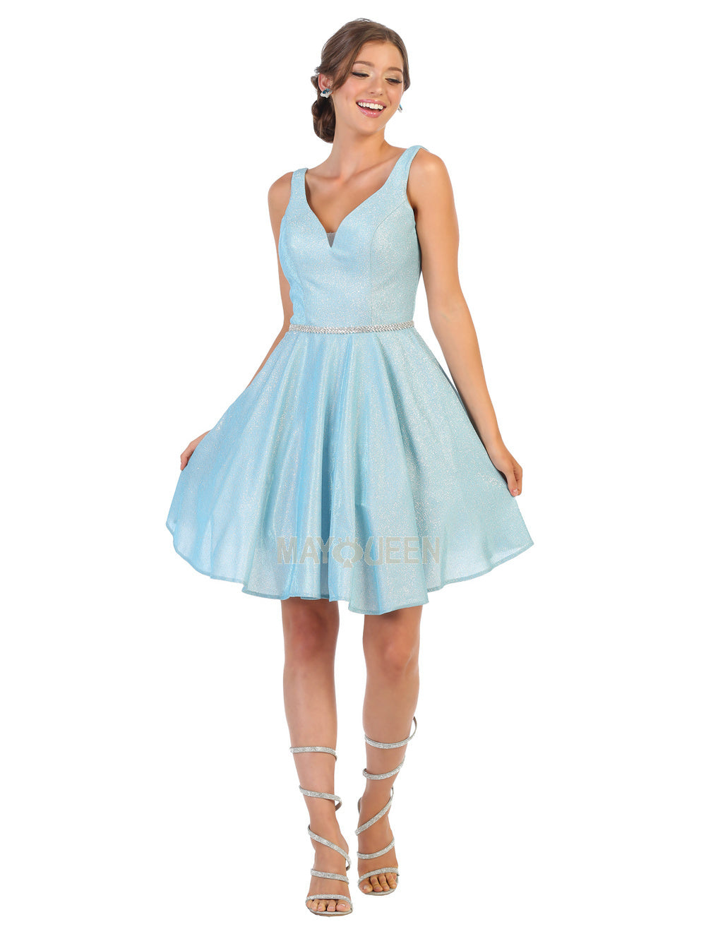 MQ 1777 - Metallic Tank Style A-Line Homecoming Dress with Beaded Belt & Pockets Homecoming Mayqueen 2 BABY BLUE 