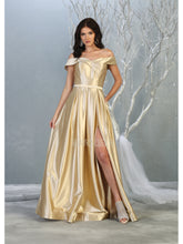 MQ 1781 - Off the Shoulder Satin A-Line Prom Gown with Pleated Skirt & Leg Slit Prom Dress Mayqueen 4 Champagne 