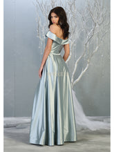 MQ 1781 - Off the Shoulder Satin A-Line Prom Gown with Pleated Skirt & Leg Slit Prom Dress Mayqueen   