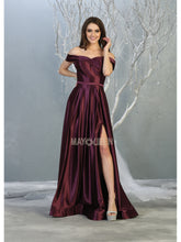 MQ 1781 - Off the Shoulder Satin A-Line Prom Gown with Pleated Skirt & Leg Slit Prom Dress Mayqueen 4 Eggplant 