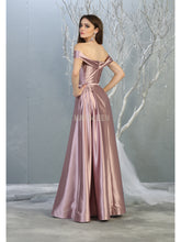 MQ 1781 - Off the Shoulder Satin A-Line Prom Gown with Pleated Skirt & Leg Slit Prom Dress Mayqueen   