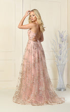 MQ 1787 - Glitter Print A-Line Prom Gown with V-Neck Open Corset Back & Leg Slit PROM GOWN Mayqueen 2 ROSE GOLD 