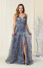 MQ 1787 - Glitter Print A-Line Prom Gown with V-Neck Open Corset Back & Leg Slit PROM GOWN Mayqueen 2 DUSTY BLUE 