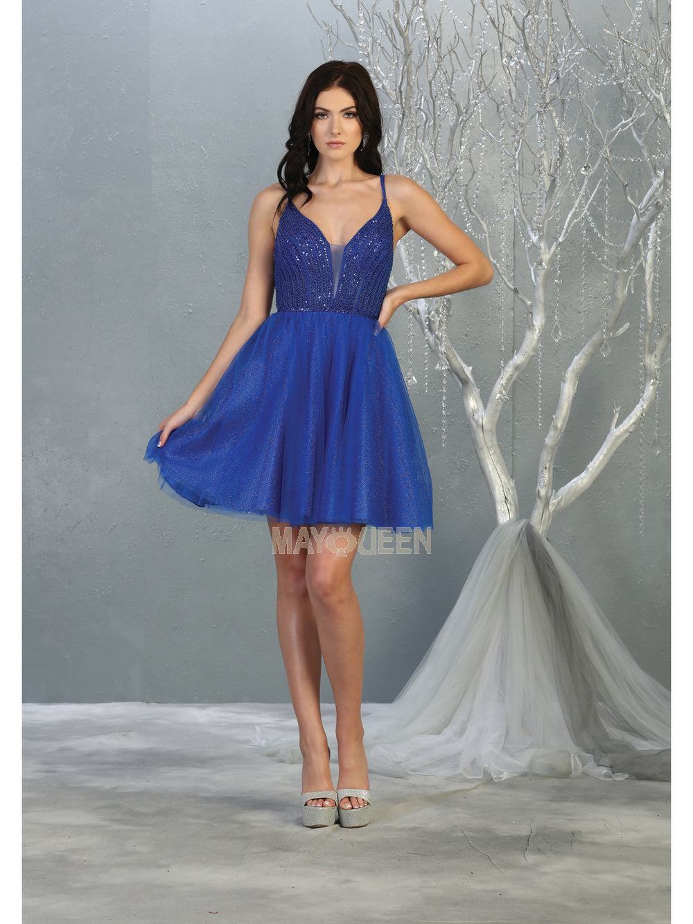 MQ 1800 - Shimmer Tulle A-Line Homecoming Dress with Sheer Beaded Bodice Homecoming Mayqueen 4 Royal 