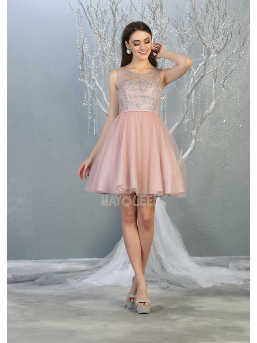 MQ 1803 - Shimmer Tulle A-Line Homecoming Dress with Glitter Print Bodice Homecoming Mayqueen 2 Blush 