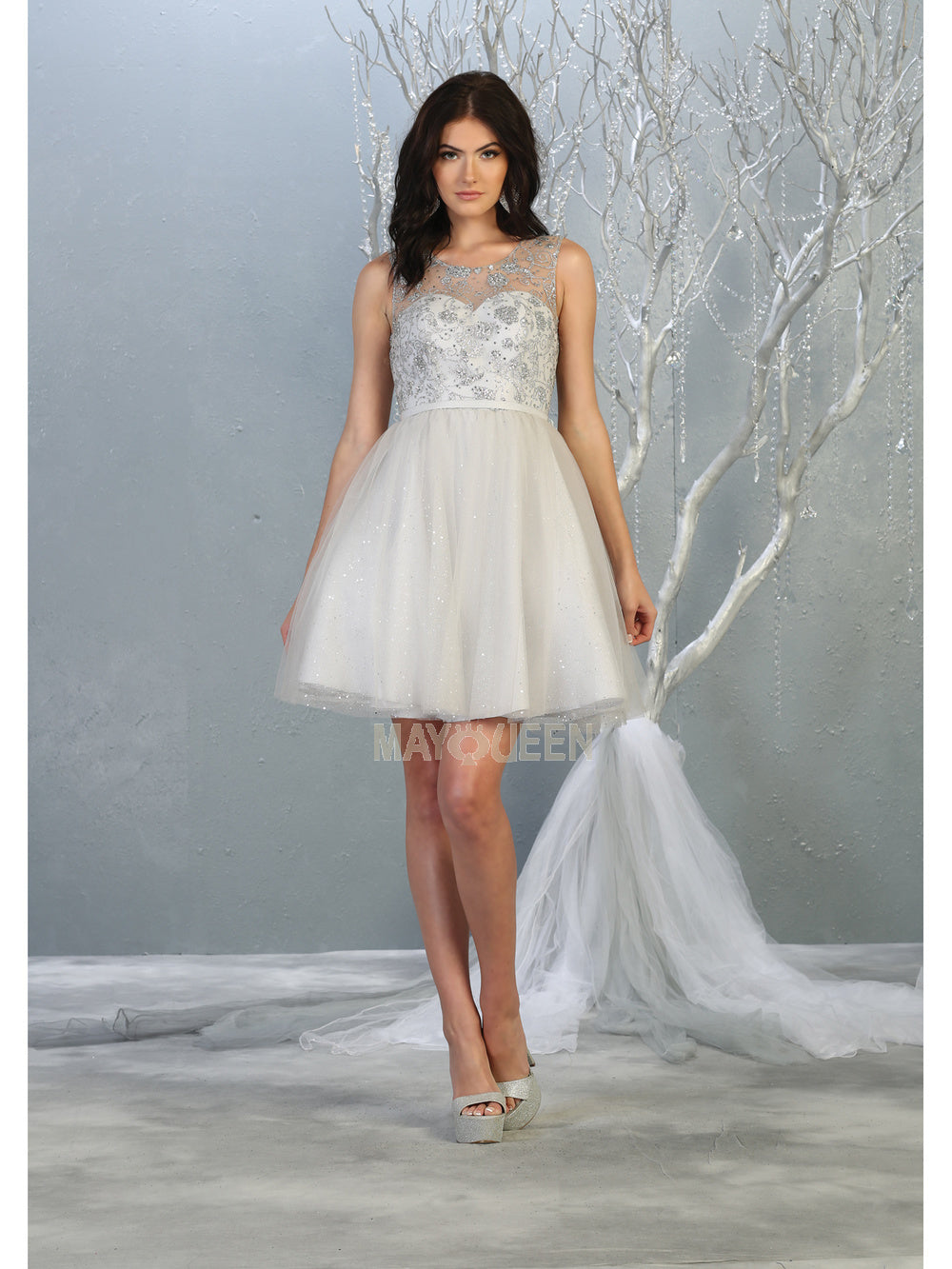 MQ 1803 - Shimmer Tulle A-Line Homecoming Dress with Glitter Print Bodice Homecoming Mayqueen 2 Silver 