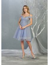 MQ 1809 - Off the Shoulder Tulle Homecoming Dress with Embroidered Lace Bodice & Corset Back Homecoming Mayqueen 4 Dusty Blue 