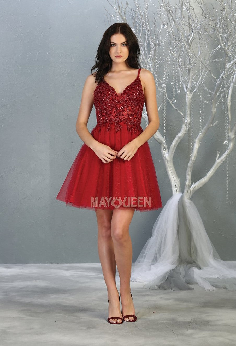 MQ 1813 - A-Line Homecoming Dress with Sheer Lace Embroidered Bodice & Layered Shimmering Tulle Skirt Homecoming Mayqueen 2 Burgundy 