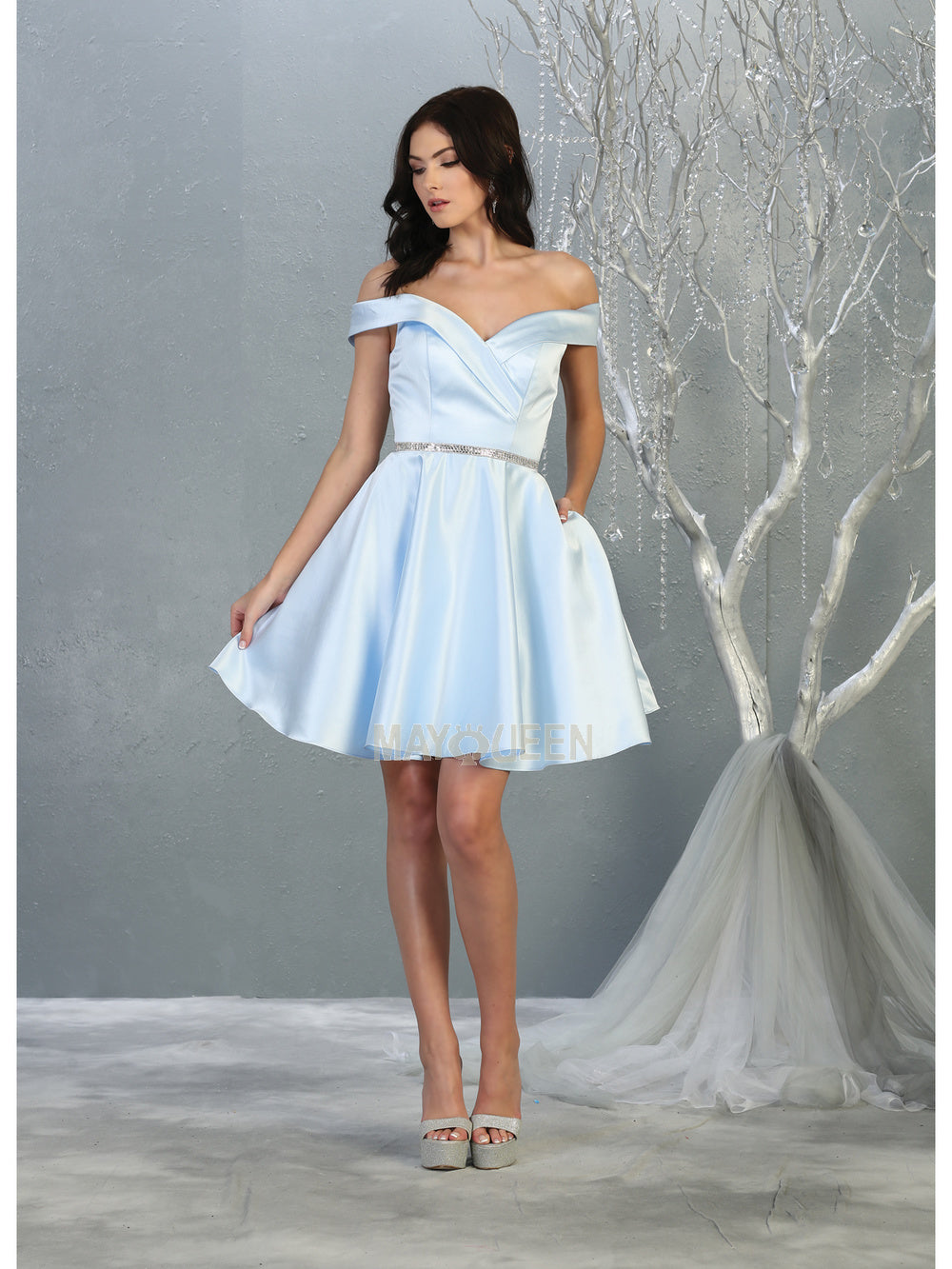 MQ 1815 - Off the Shoulder Satin A-Line Homecoming Dress with Beaded Belt & Pockets Homecoming Mayqueen 2 Baby Blue 